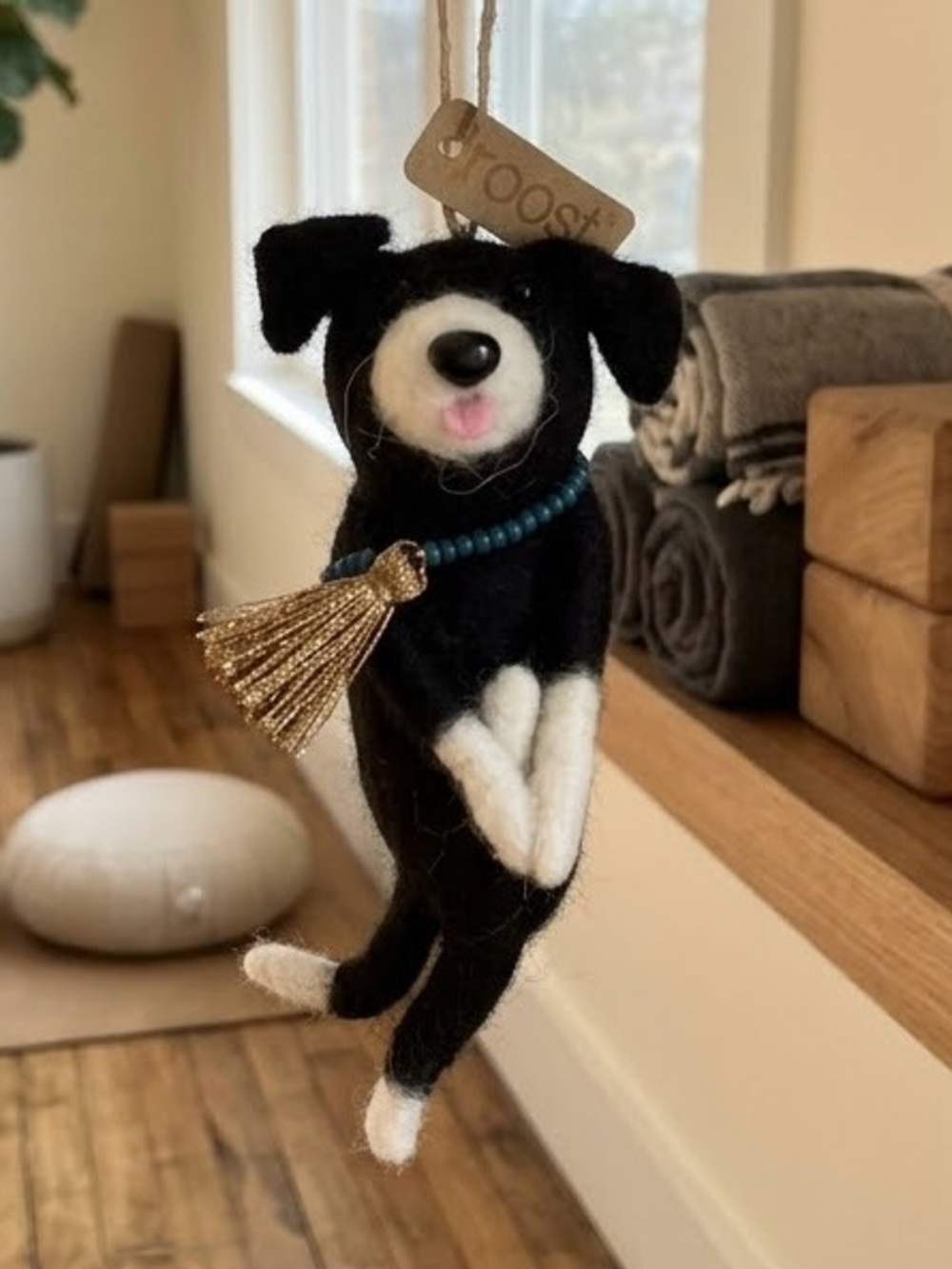 Felted Wool Yoga Dog Ornament – Standing Tree Pose Black & White Pup